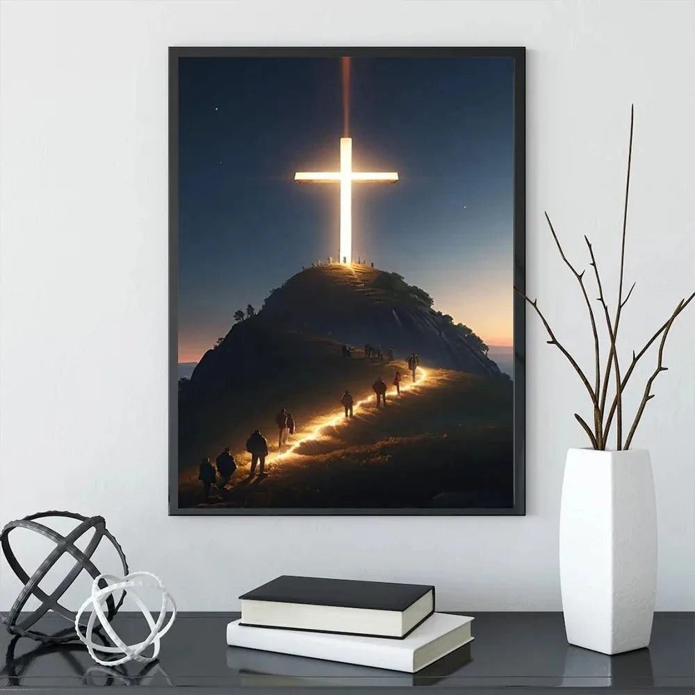 1pc frameless Canvas Painting Modern Christian Cross Mountain Top Canvas Painting Jesus Believers Poster Holy Light Son of God W