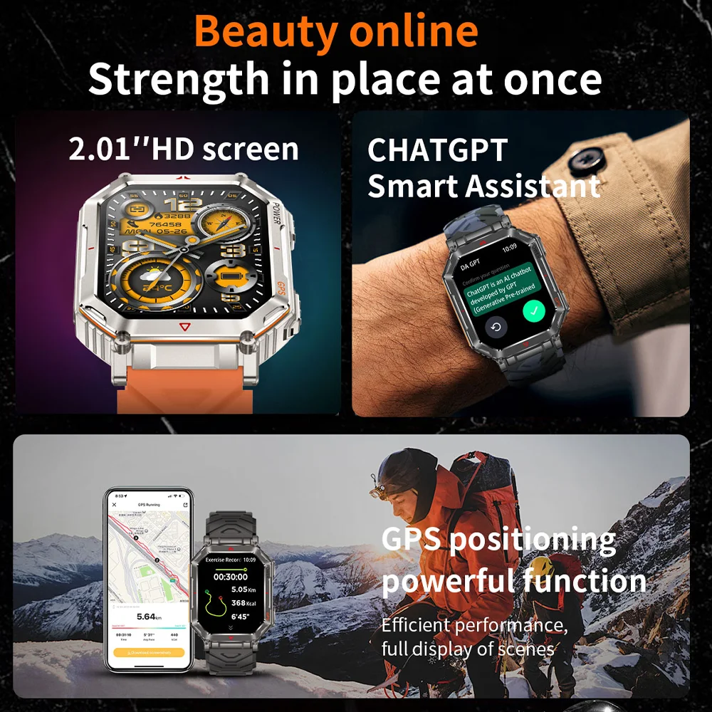 2025 جديد الرجال GPS الرياضة ساعة ذكية 2.01 ''AMOLED البوصلة معدل ضربات القلب 400mAh بطارية بلوتوث دعوة 10ATM مقاوم للماء Smartwatch