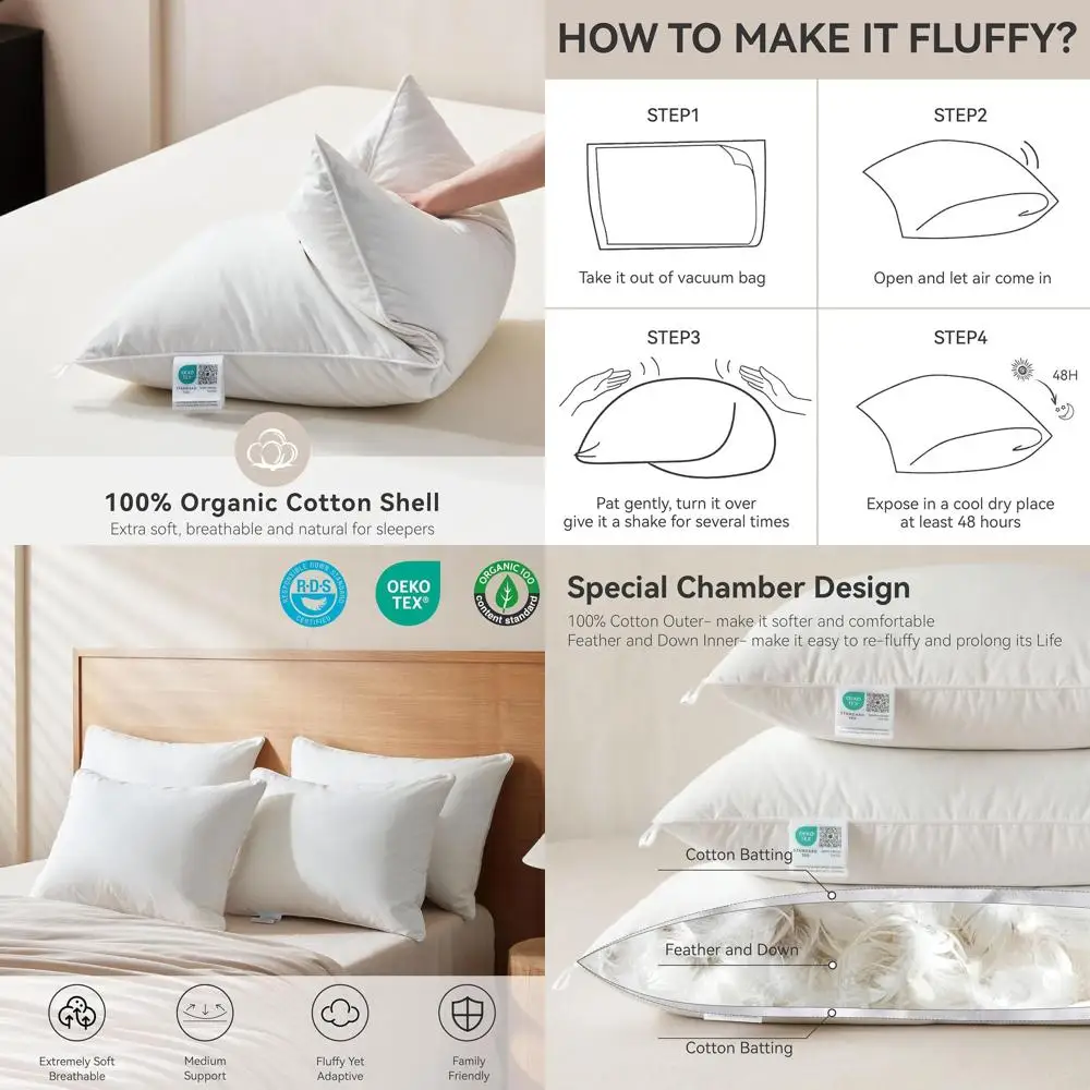 

Комплект подушек Queen Size на гусином пуху, 100% органический хлопок, роскошный гостиничный стиль, дышащий и пушистый (20 x 30)