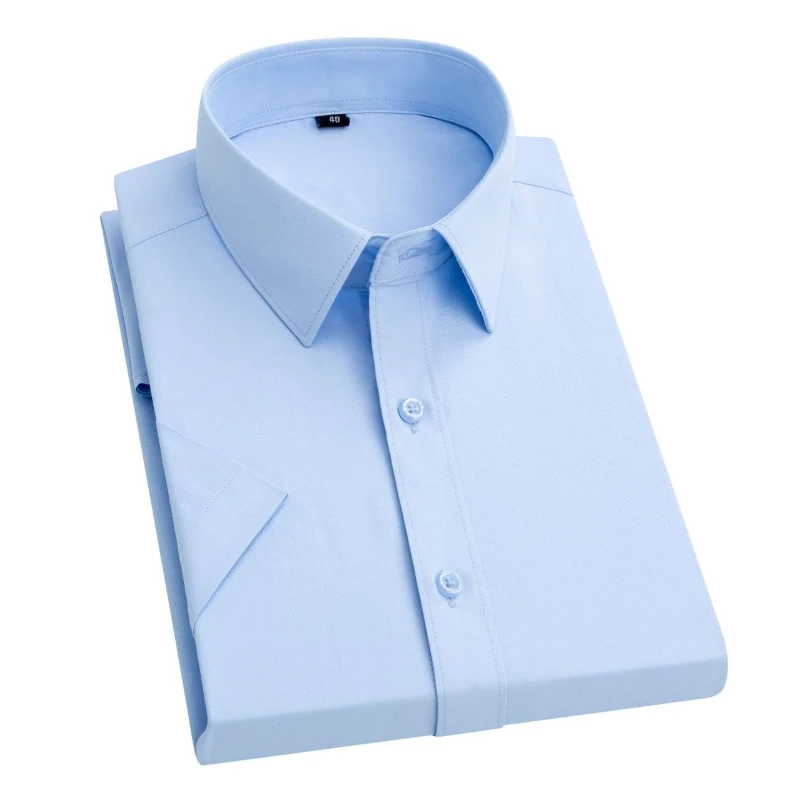 

Рабочая сине-белая рубашка с короткими рукавами, мужская летняя новая однотонная тонкая деловая официальная повседневная офисная рубашка без железа, большой размер