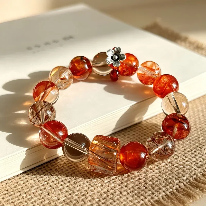 Natural red glue flower crystal bracelet light luxury retro Duobao bracelet high sense temperament versatile transfer jewelry