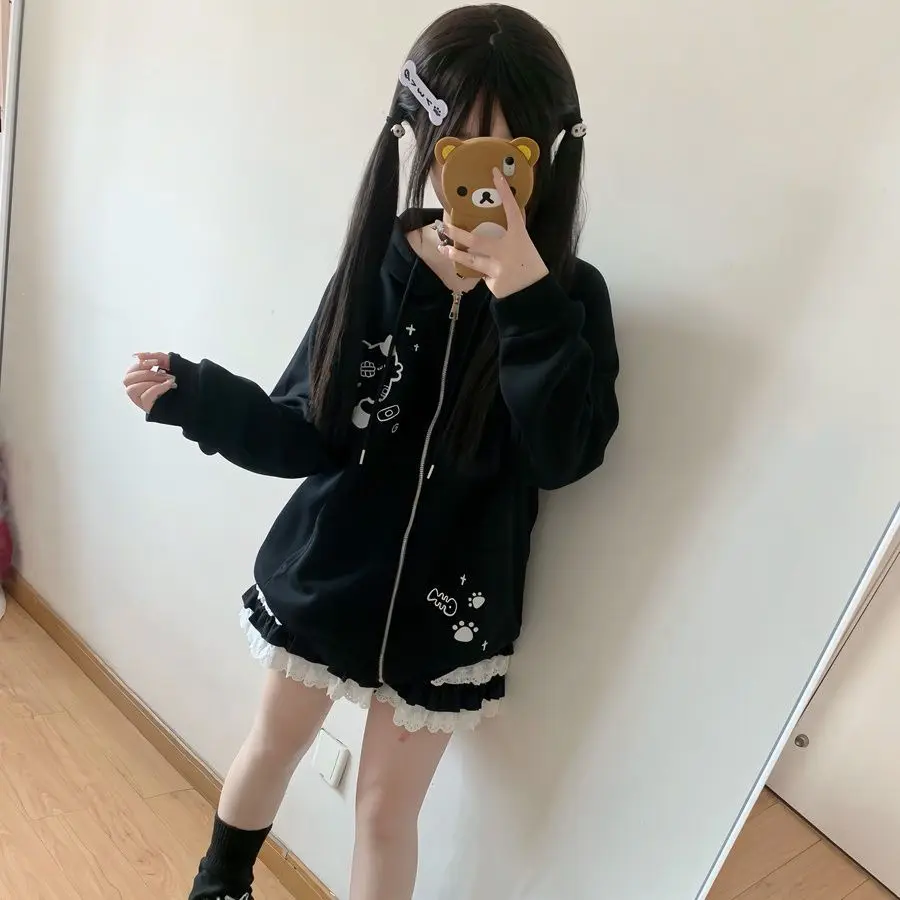 Japanese Y2K Cute Soft Girl Sweater Zip 2025 Spring and Autumn Cute Sense of Subculture Hooded Long-sleeved Jacket Women Clothes