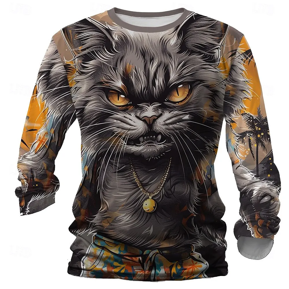 

3D Print Cats Graphic Men's T-Shirts Fashion Creative Design Long Sleeve Round Neck Pullover Tops Autumn Casual Comfortable Tees