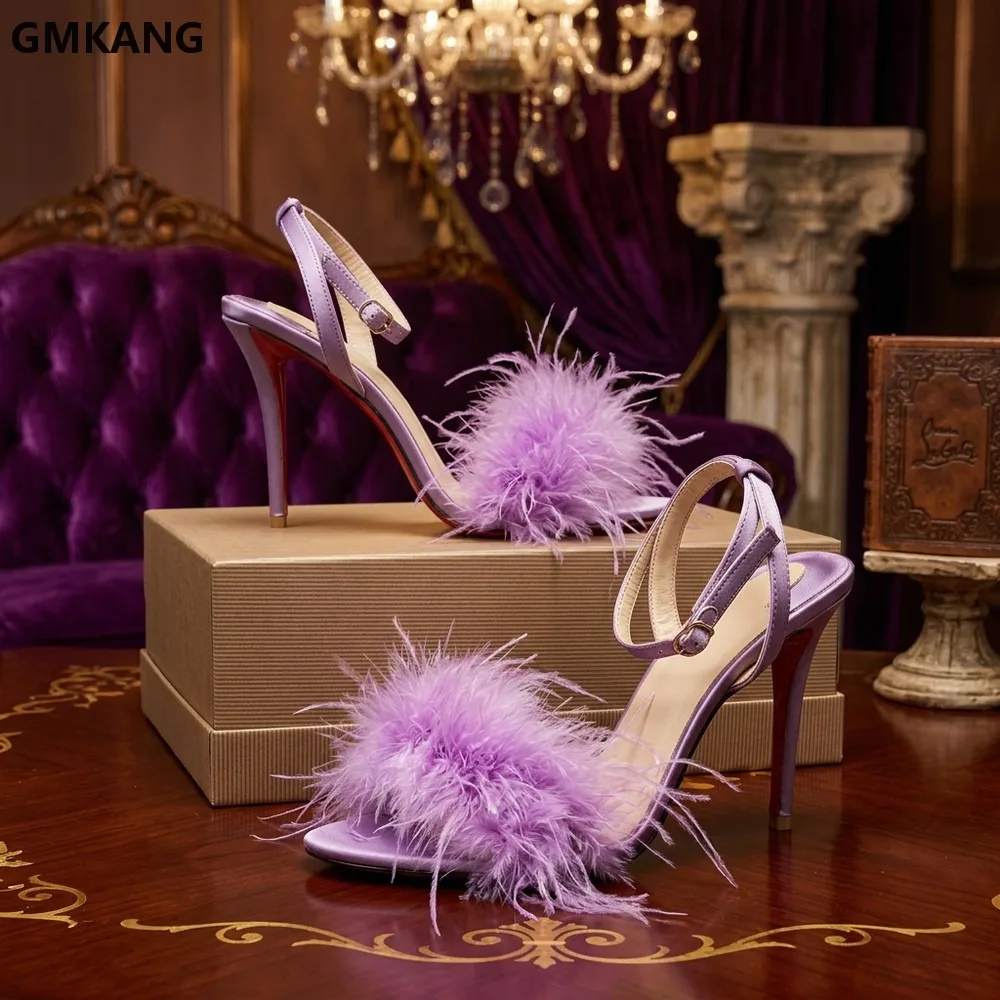 GMKANG Women's Furry Sandals Peep Toe High Heels Buckle Strap Red Sole Slippers Glamorous Feather Trim Comfortable