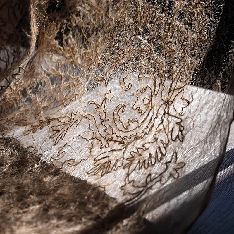 

Винтажная коричневая прозрачная сетчатая жаккардовая ткань с бахромой и блестками, текстурированное платье ханьфу, материал пальто, дизайнерская одежда, роскошная мода