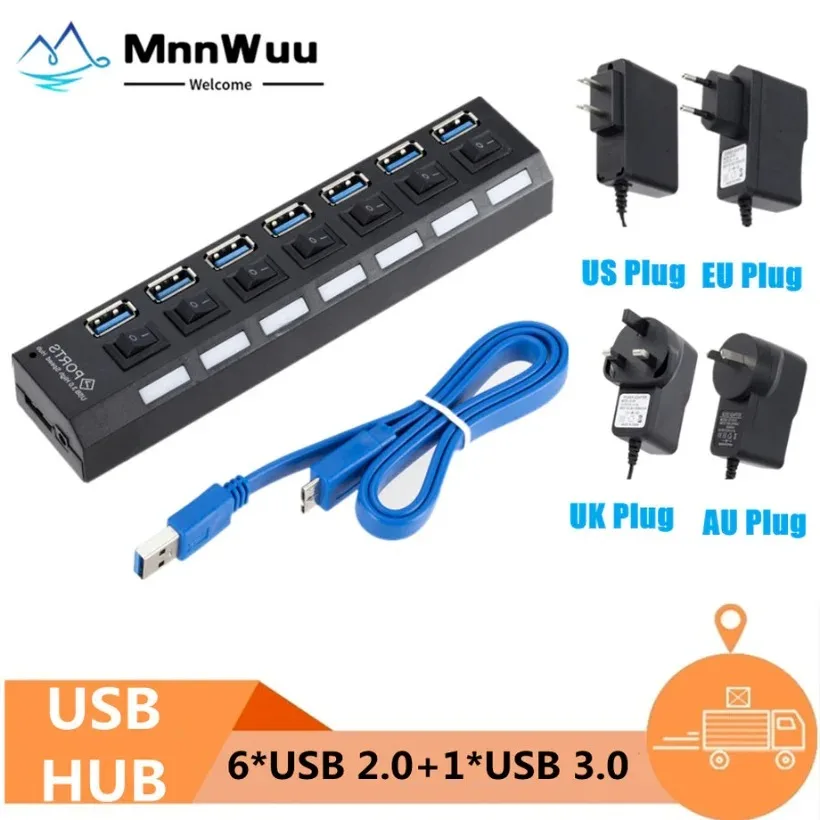 

Multi USB Hub 3.0 USB Splitter USB 3.0 Hub Adapter Portable USB2.0 7 Ports HUB With ON/OFF Switch For PC Computer Accessories