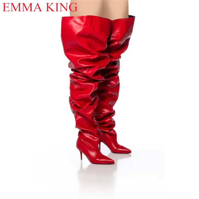 Fall Red Pleated Womens Thigh High Boots Sexy Ladies Party Shoes Over The Knee Boots 2023 High Heels Chaps Long Boots Woman 2023