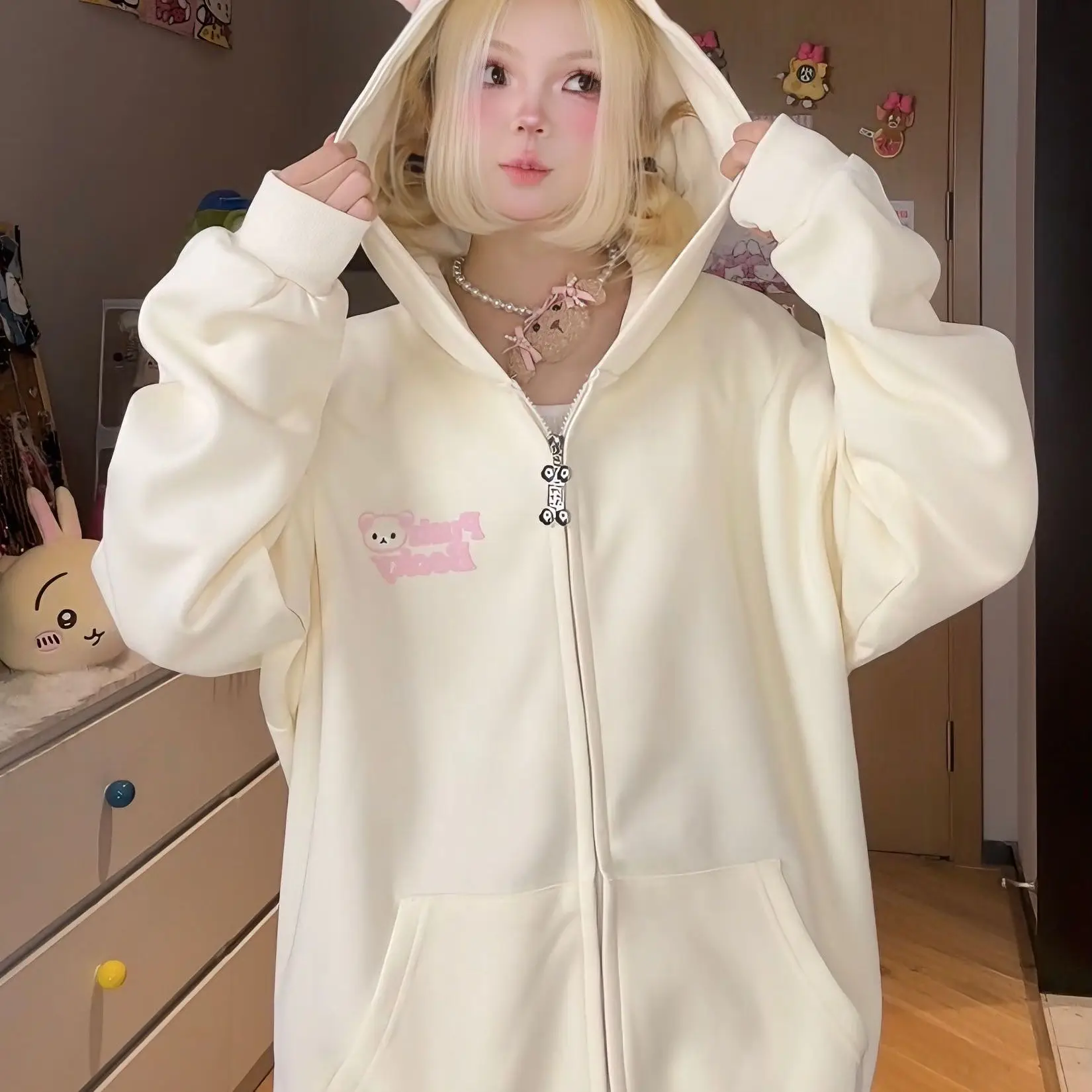 

Kawaii Rilakkuma Comfortable Bear Embroidered Hoodie Anime Cartoon Cute Sweet Student Loose Women's Jacket Y2k Girl's Gifts Toys