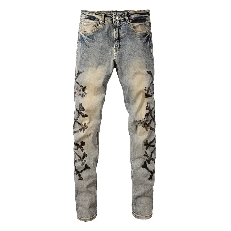 

Men's Camouflage Leather Bones Patches Jeans Vintage Blue Stretch Denim Skinny Tapered Pants Holes Ripped Distressed Trousers