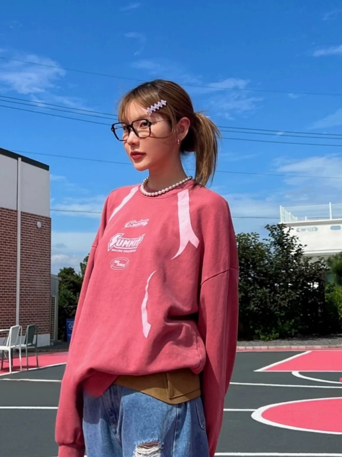 Waed Casual Long Sve Felpa ampia Unico SEI Coreano Semplice Personali Neutro k Rosso Pendolarismo Sle rotondo Ne Stampa