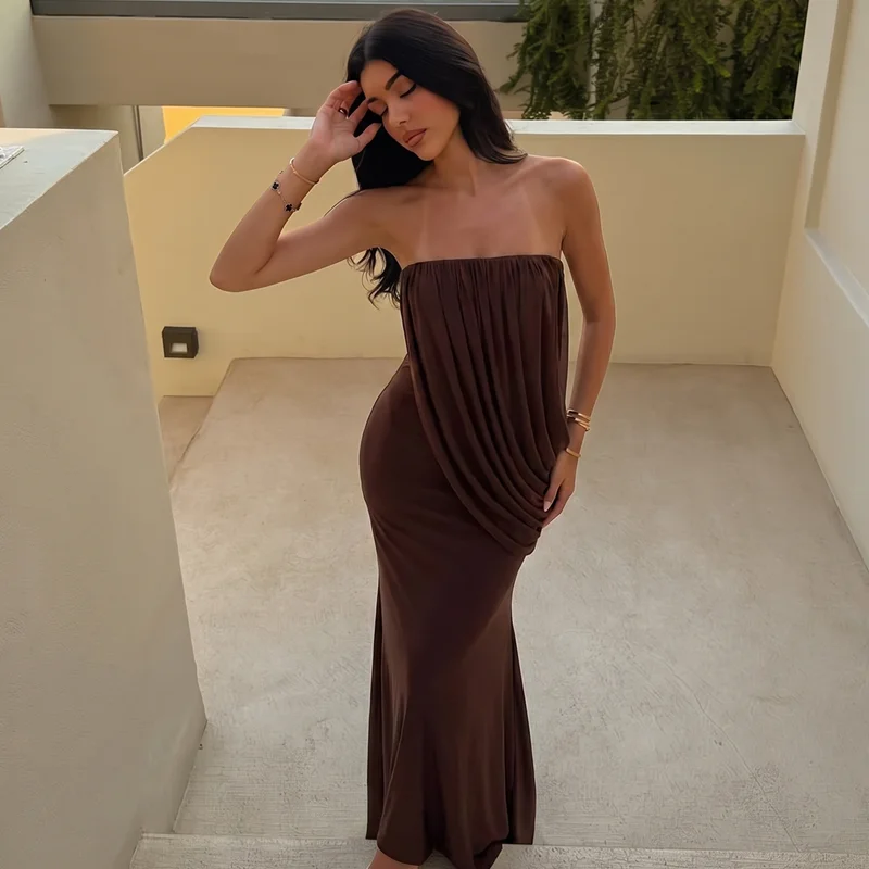 Hugcitar Trägerloses, einfarbiges, gerafftes, rückenfreies, sexy, figurbetontes Maxi-Abendkleid, elegante Damenkleidung, Abendkleid, Partykleid, Geburtstagskleid, Club-Outfit – Detail 17