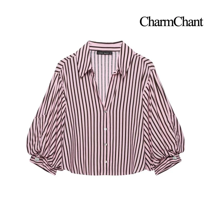 CHARMCHANT Women's Striped Collared Button Down Crop Shirt Puff 3/4 Sleeve Loose Casual Blouse Top Summer 2026