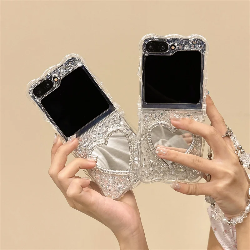 For Samsung Galaxy Z Flip 6 5 4 3 Phone Case with Cute Chain Glitter Love Heart Mirror Cases For Flip5 Flip4 5G Silicone Cover