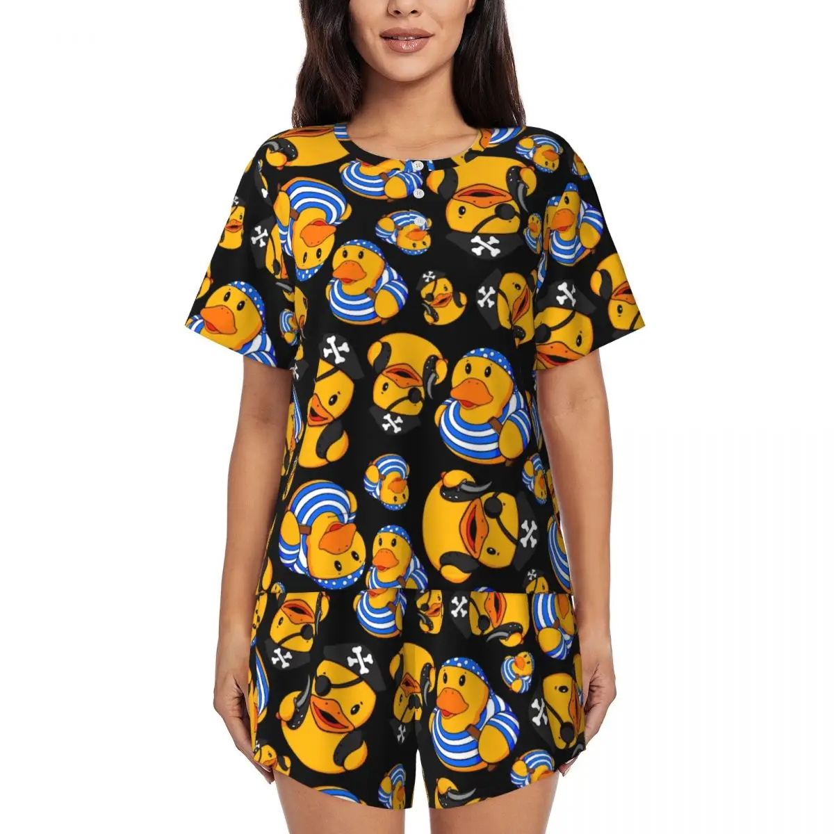 Custom Cartoon Animal Rubber Duck Pajamas Set Women's 2-Piece Short Sleeve Sleepwear Loungewear PJ Shorts Sets