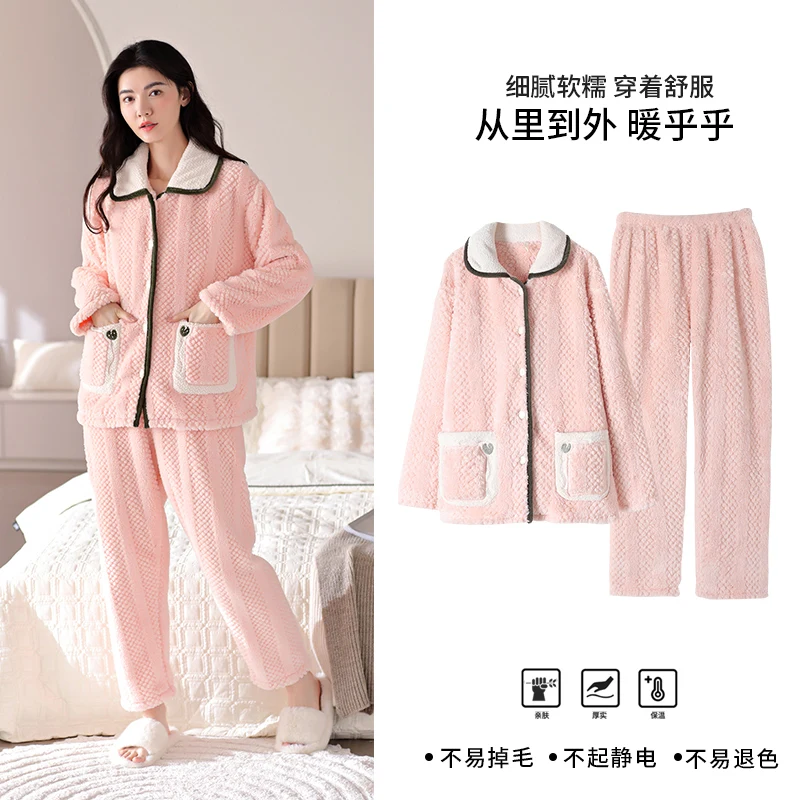 Big Size M-2XL  Winter Women Pajama Set Warm Flannel Sleepwear Turn-down Collar Long Sleeve Nightwear