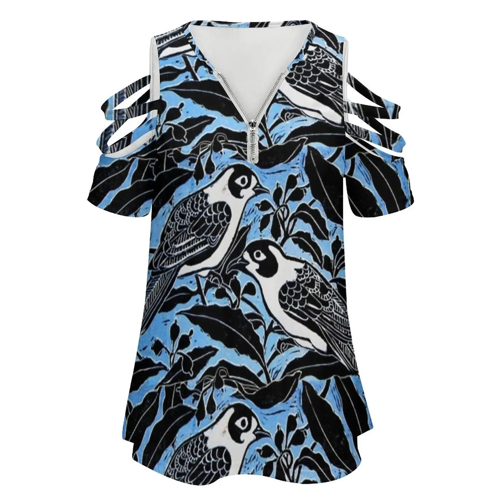 Blue Birds New Fashion Zip Off Shoulder Top Short-Sleeve Women Shirt Birds Bird Blue Tree Flowers Floral Lino Linocut Leaves