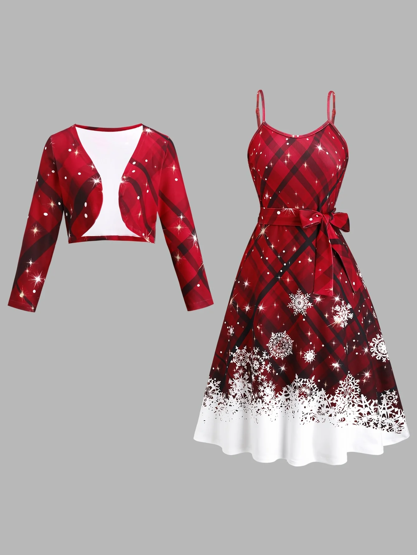 ชุดเซ็ตสองชิ้น เสื้อคลุมแขนยาวพิมพ์ลายคริสต์มาสสำหรับผู้หญิง พร้อมเดรสสายเดี่ยวลำลอง