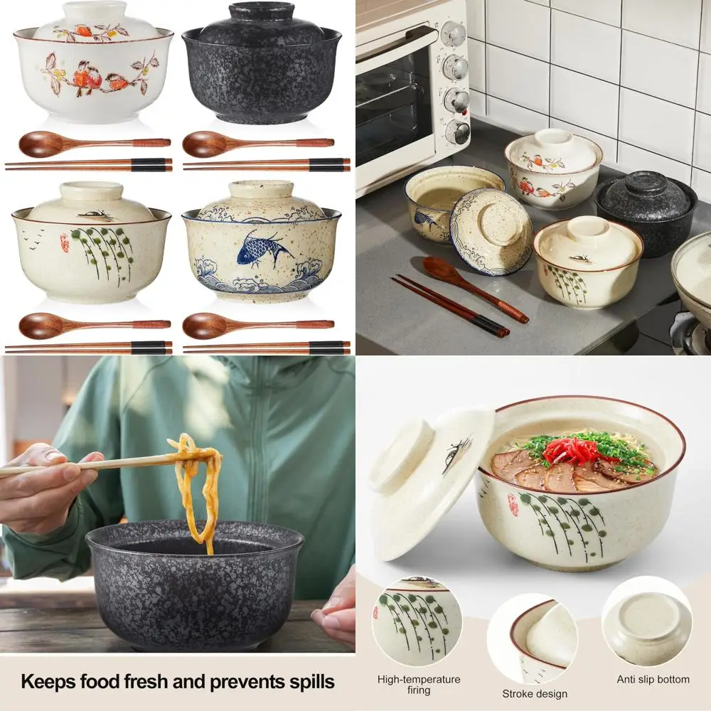 

Набор из 4 керамических чаш для рамэна в микроволновой печи с крышками, палочками для еды и ложкой для японских и корейских супов, глиняной столовой в стиле горшка