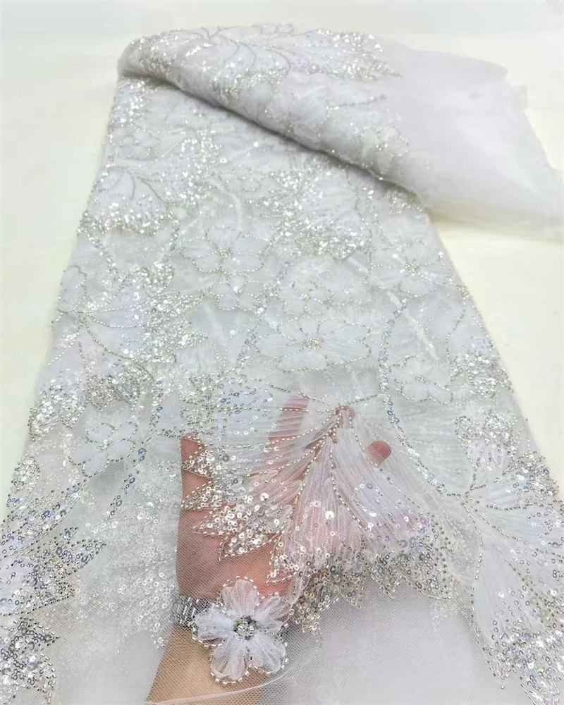 2025年アフリカナイジェリアファッション、ビーズ刺繍レース、高級フランススパンコールネットレース生地、ウェディングパーティードレス、女性用