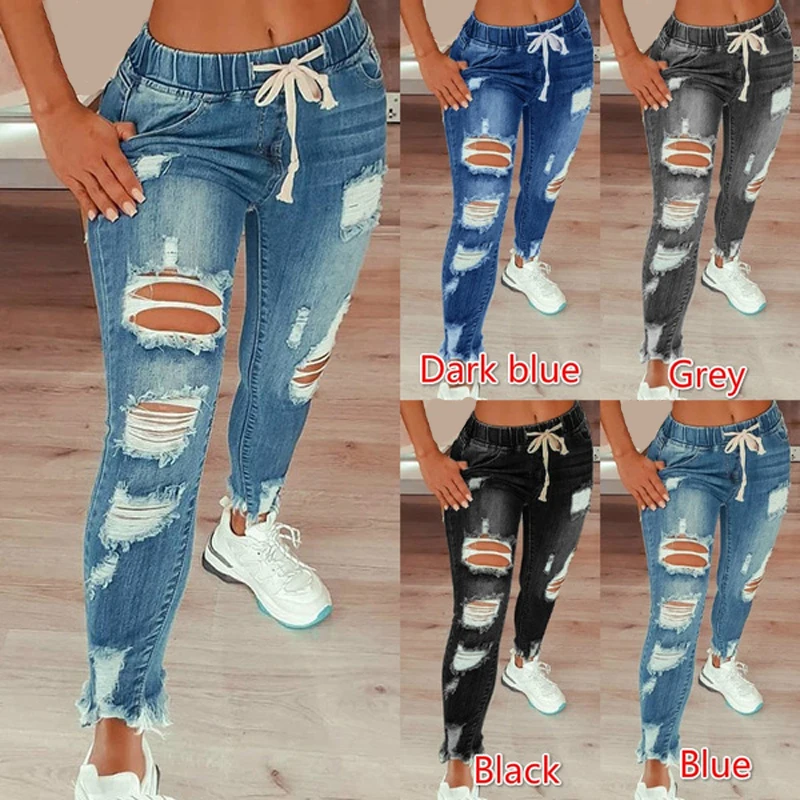 

Drawstring Denim Jeans For Women Ripped Hole Stretch Jean Ladies Pencil Pants Pantalones de mujer