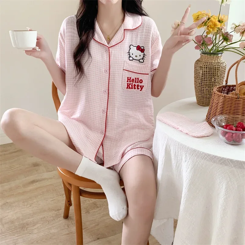 Sanrio Nieuwe Hello Kitty Pyjama Dames Schattige Cartoon Casual En Comfortabele Coole Ademende Lichtgewicht Huiskleding Pakken Pyjama