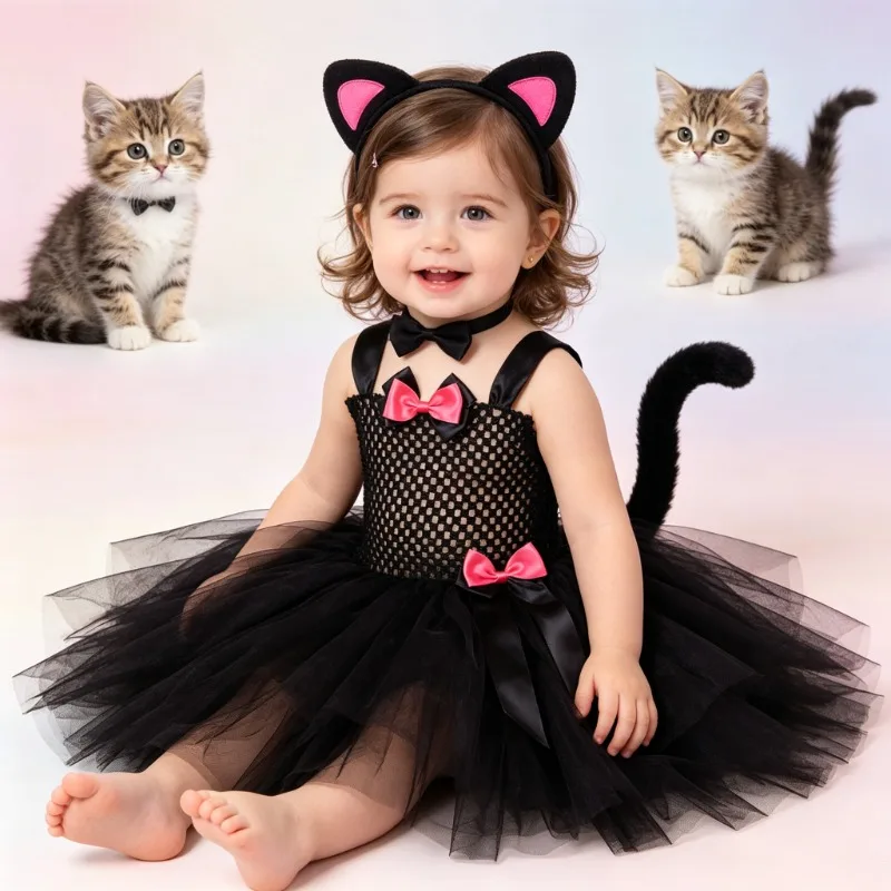 

Cute black cat tutu skirt, cat costume with tail prop, suitable for Children's Day role-playing and stage performance costumes