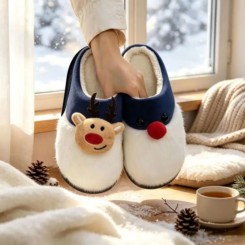 Niedliche Elch-Plüsch-Hausschuhe für Paare, warme Weihnachts-Hausschuhe für drinnen, Wintertrend 2026, bequeme dicke Sohle, Baumwollschuhe für Damen – Detail 12