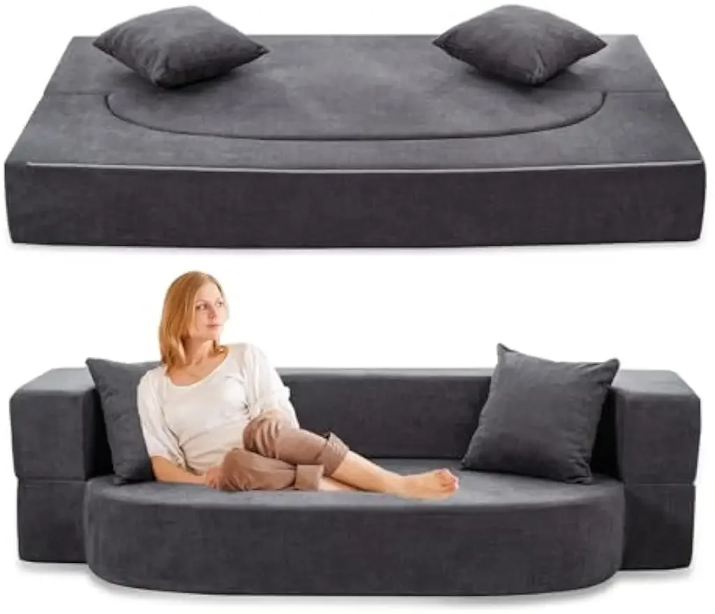 Folding Sofa Bed, Couch with 2 Pillows & Washable Cover Convertible Fold Out Futon Sofa Sleeper Chair , Twin , Dark Grey