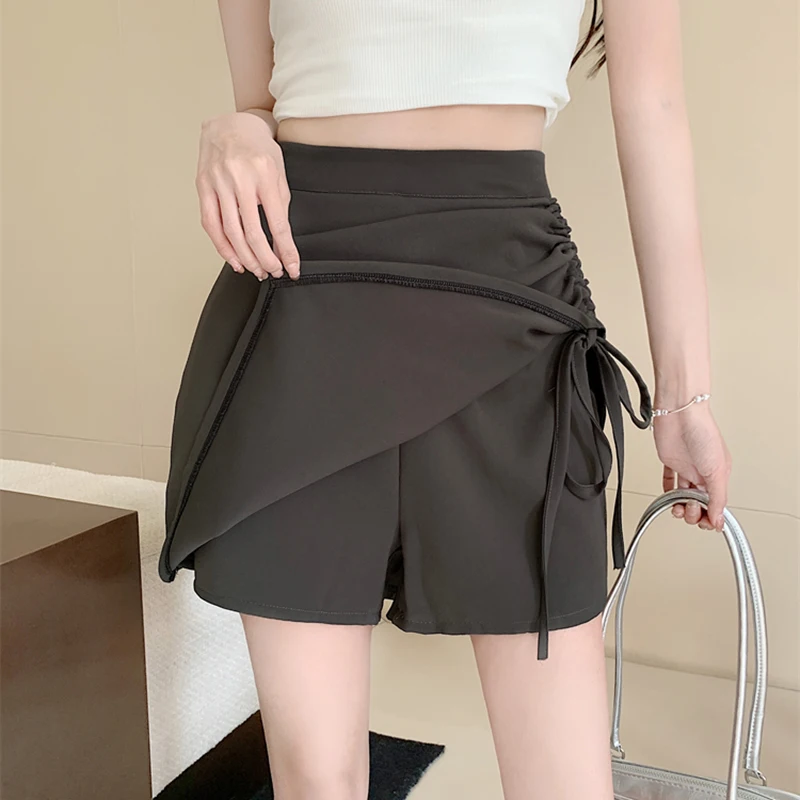 Y2K Women Grey Mini Skirt Korean Sweet High Waist Bandage Chic Women Skirt Summer Folds Patchwork All Match Ladies A Line Skirt