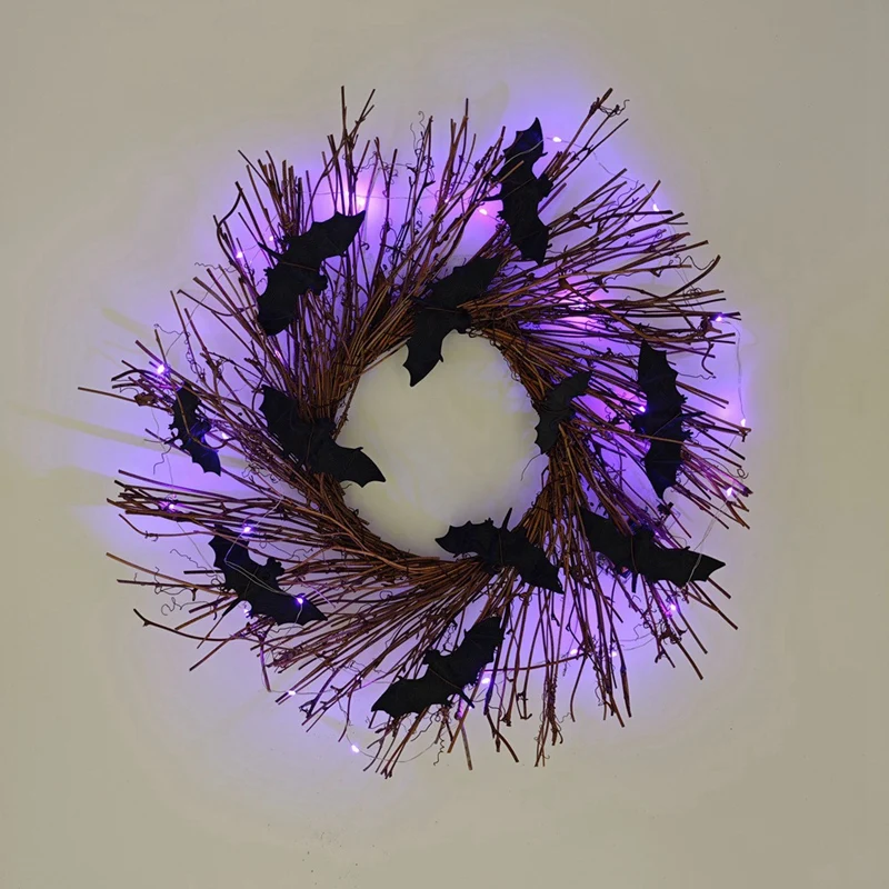 Halloween Wreath Bat Black Branch Wreaths With LED Light 45CM Wreaths For Doors Window Hanging Garland Halloween Decoration ﻿