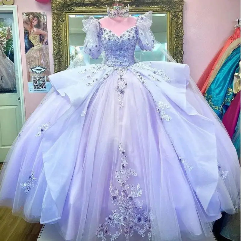 

Customized Lilac Quinceanera Dress With Cape Half Puff Sleeve Appliques Lace Off The Shoulder Beading Ruffles Sweet 15 Dress