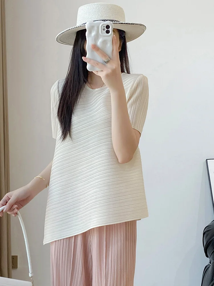 

Summer New Women's Loose Elastic Fabric T-shirt Short Sleeve Pleated Polyester Fiber Versatile Quality round Neck Top