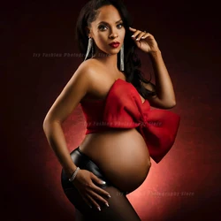 Vestido de maternidad con hombros descubiertos para fotografía, traje rojo con lazo grande para sesión de fotos