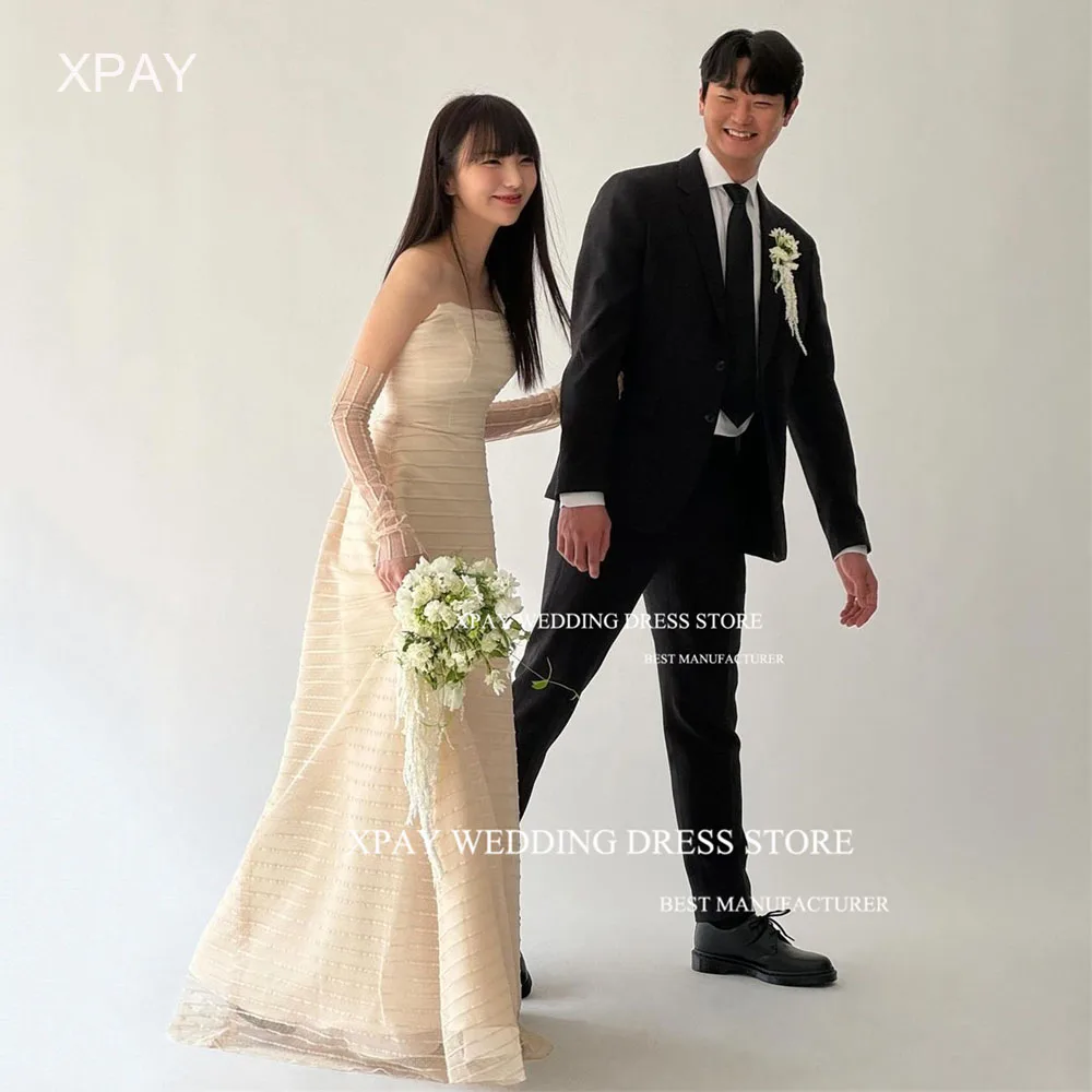 

XPAY Unique Strapless Korea Wedding Party Dresses Photos Shoot With Long Sleeves Formal Prom Gown Custom Size Bride Party Dress