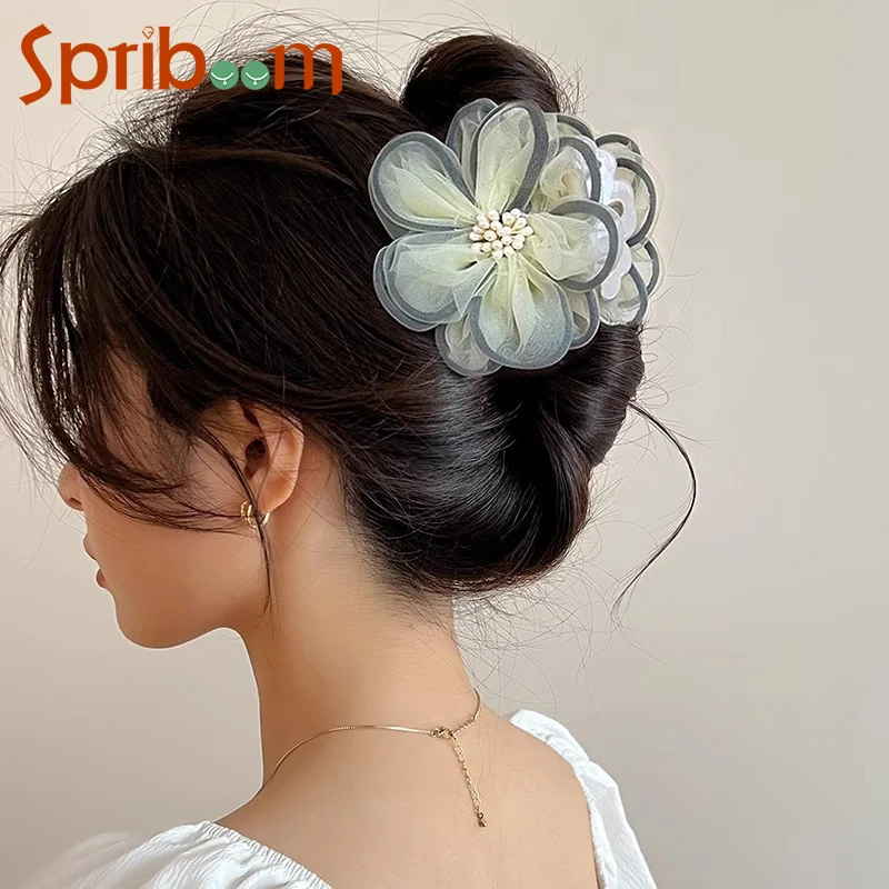 

2024 Big Flower Hair Clips for Women Korean Mesh Hair Pin Temperament French Romantic Hair Accessories Girls Hair Shark Clip