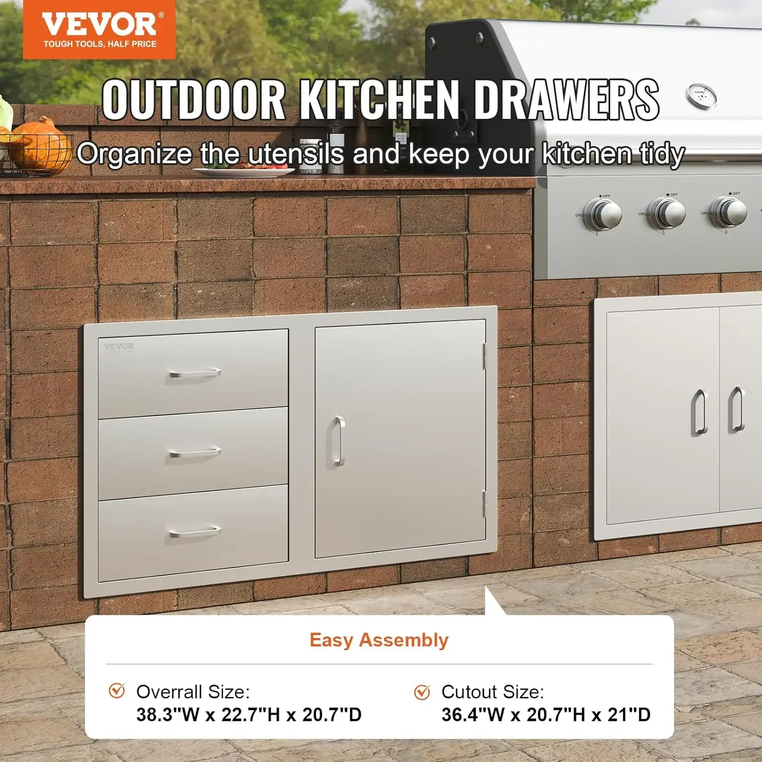 BBQ Island Drawers 38 1W x 22 6H x 20 8D Outdoor Kitchen Door Drawer Combo Cabinets BBQ Access Door Triple Drawers Combo