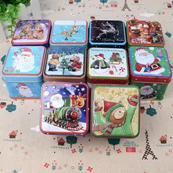 Christmas Bear Pattern Iron Gift Tin Box Small Square Candy Jar Xmas Tree Santa Claus Cookie Case Cartoon Snowman Party Supplies