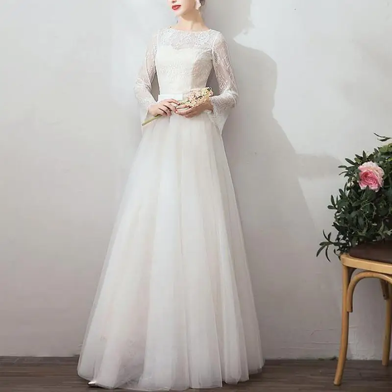 New Simple Bridal Dress With Bow Belt Classic O-neck Wedding Dresses With Long Sleeve Elegant Lace Tulle A Line Robe De Marie