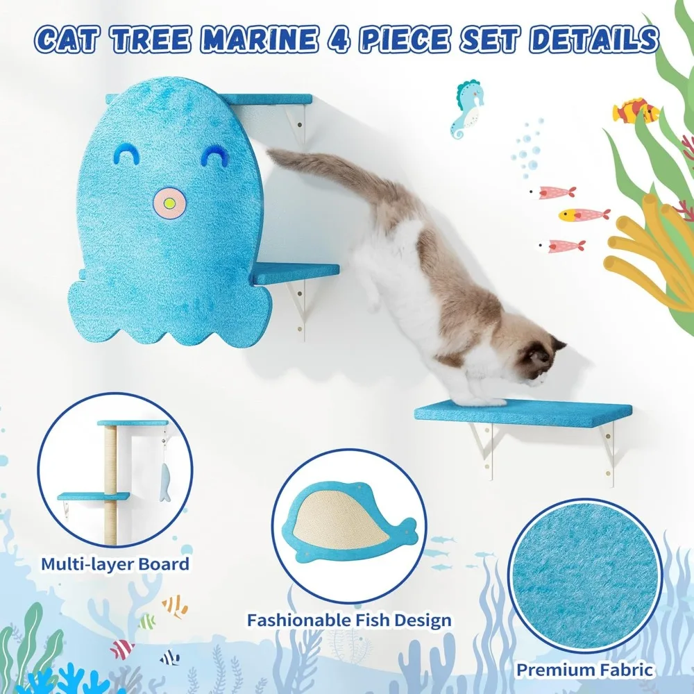 Juego de árbol para gatos de 4 piezas montado en la pared: casa para mascotas de madera resistente, tablero para rascar, plataformas, postes de sisal, dije de pez azul, ideal para