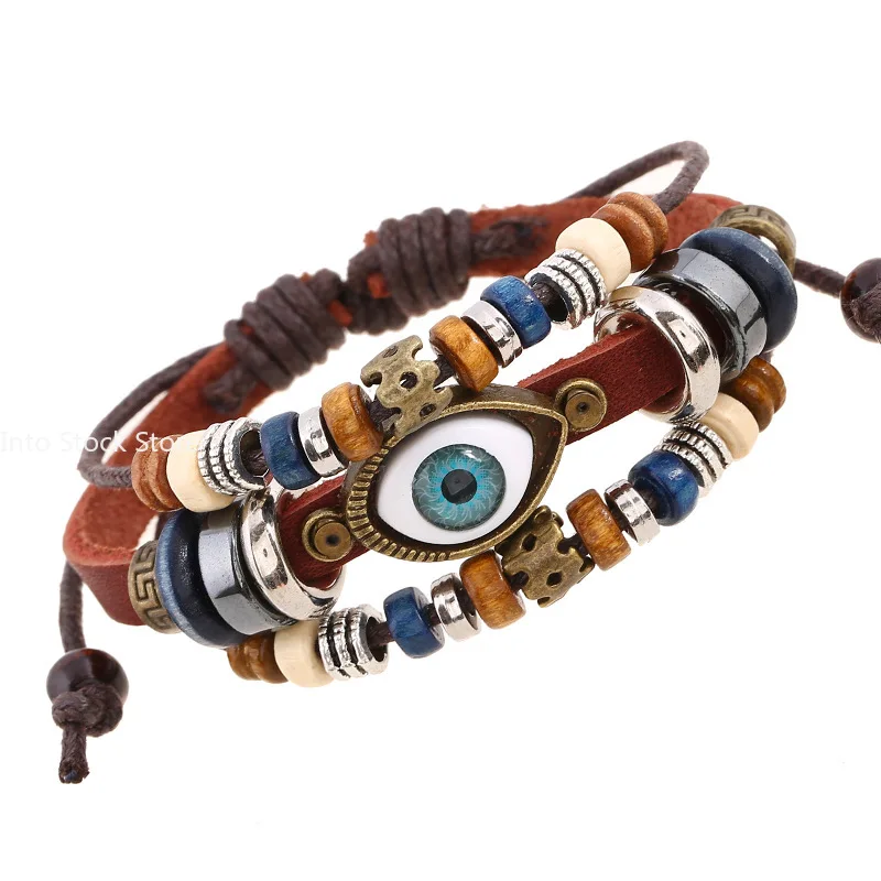 Boho Gypsy Hippie Design Leather Rope Eye Bracelet Multi-layer Leather Woven Beaded Bracelet Unisex Adjustable Jewelry