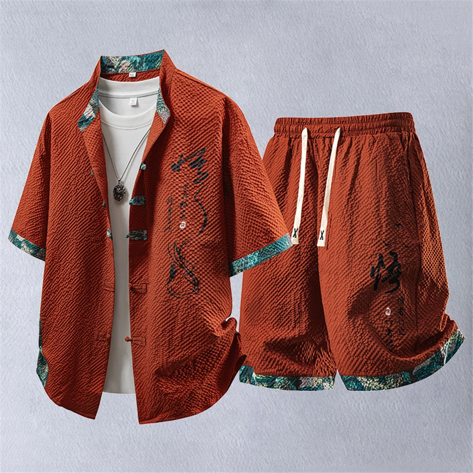 Summer Tracksuits Men Traditional Chinese Style Suit Shirt Shorts Tang Suit Male Fashion Casual Summer Sets