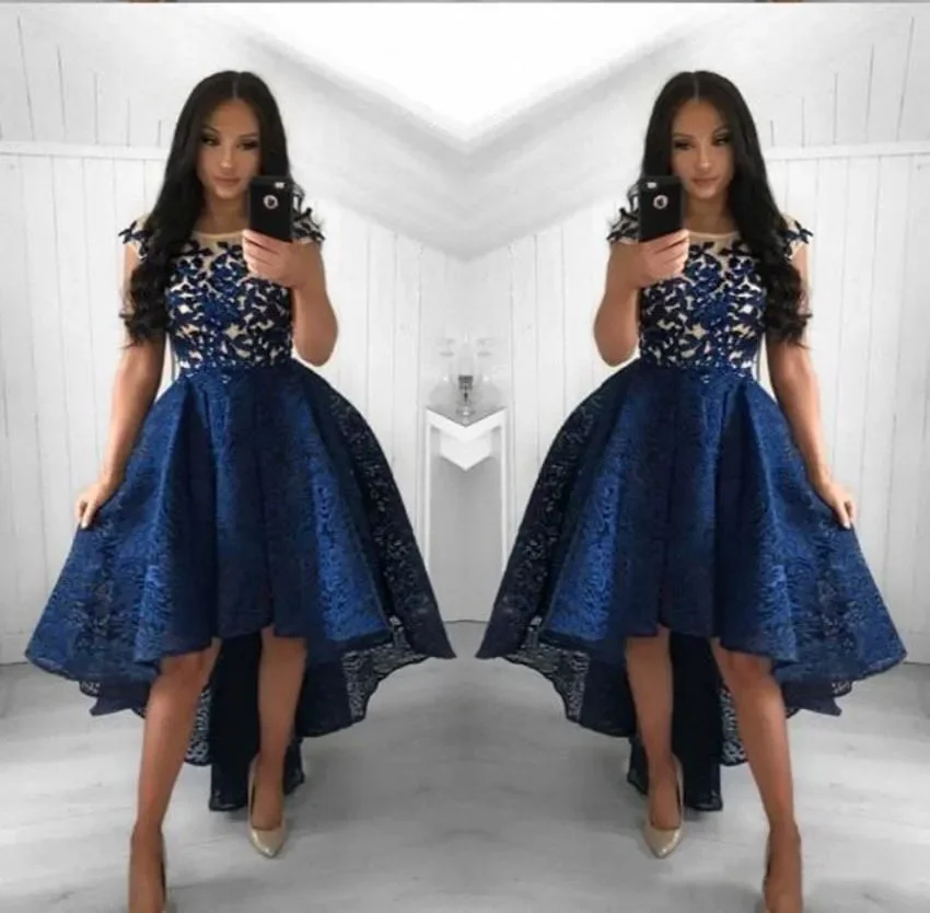 

Vintage Navy Blue Lace Cocktail Dresses Neck High Low Short Party Prom Gowns Homecoming Dresses Customized