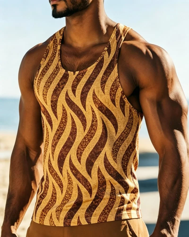 Men's Retro Distressed Wave Stripe Print Sleeveless Tank, for Gym Training, Streetwear, Weekend Getaways & Casual Looks
