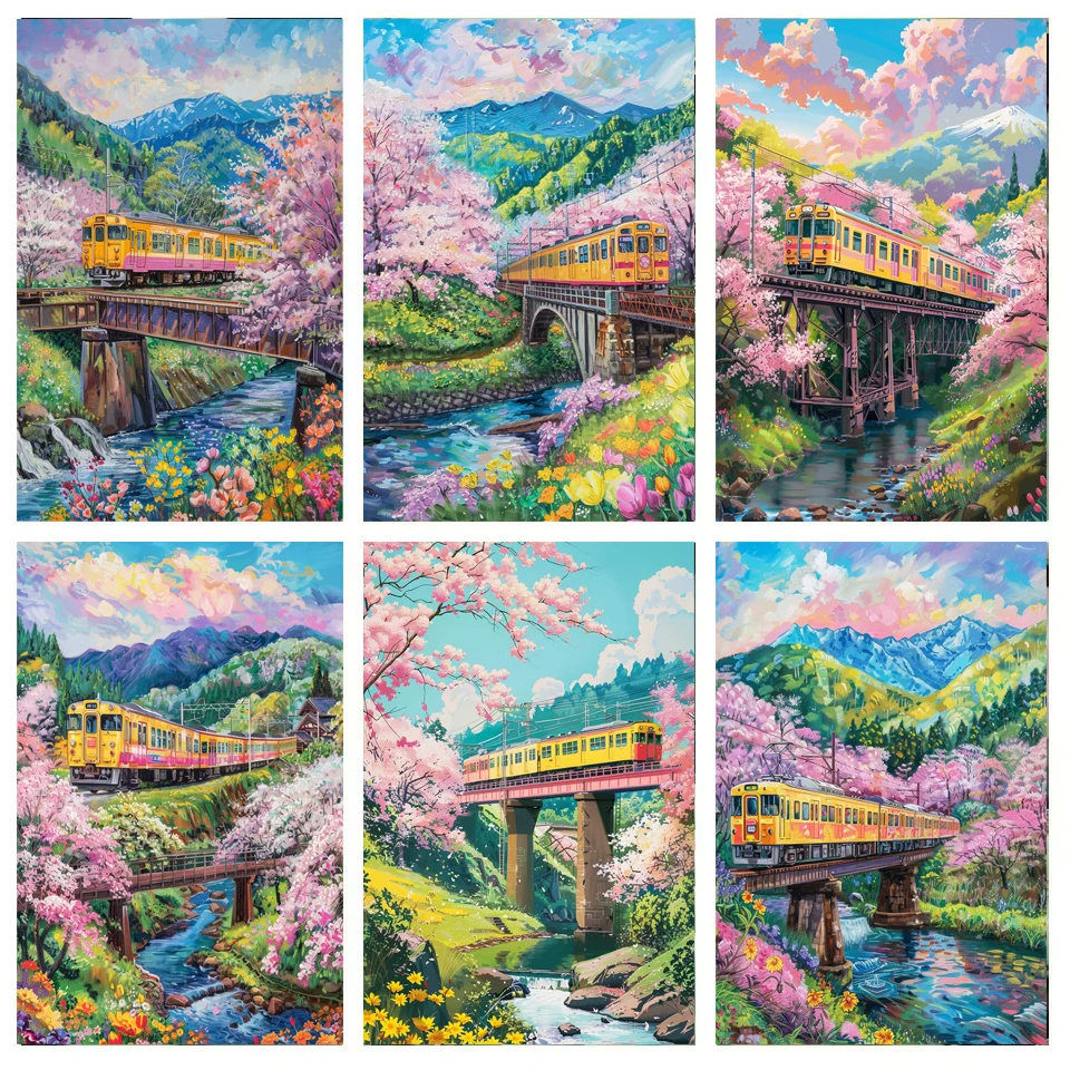 Painting By Numbers The Flower Train On The Hill Landscape Adult Oil Kit DIY Acrylic Paint Canva Artwork Gift Home Decorate