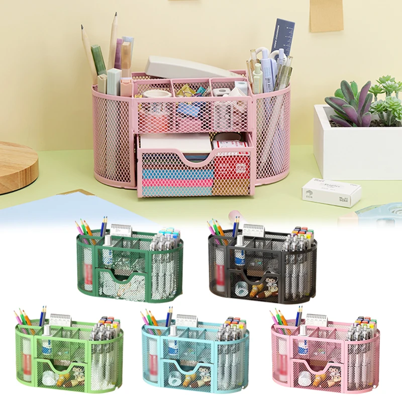 

Metal Mesh Desk Organizer with Drawer 9 Compartments Multifunctional for Makeup Brushes Stationery Office School Office Storage