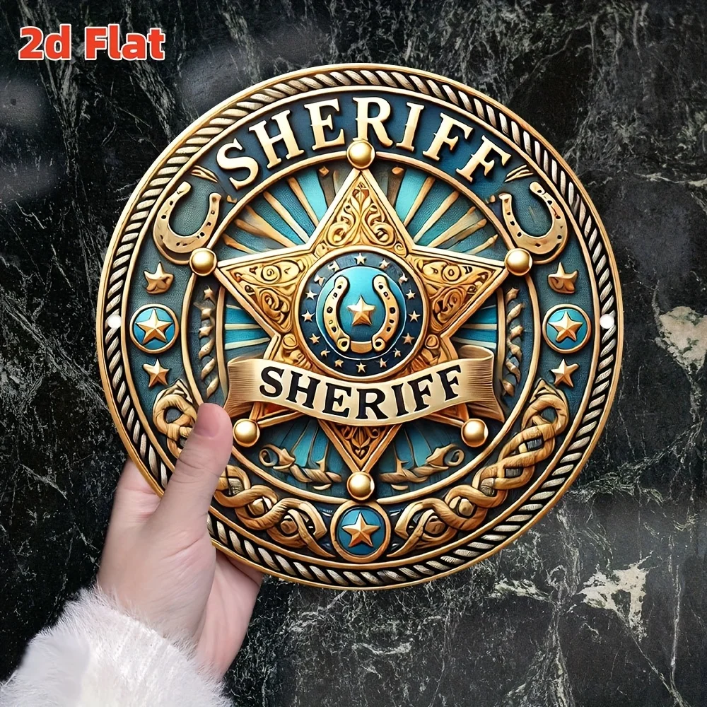 1pc Western Sheriff Star Horseshoe Cowboy Badge Round Metal Sign 2D Flat Ranch Cabin Lodge Man Cave Wall Decor Gift