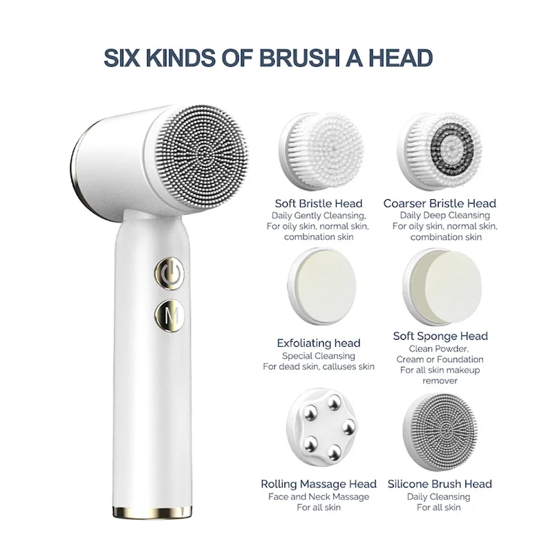 Multifunctional 6-in-1 replaceable brush head Wireless charging vibrating cleanser Electric sonic silicone cleanser