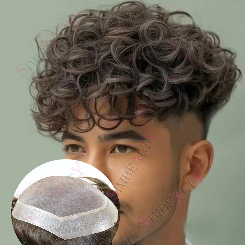

Men's Toupee Mono Mesh Lace Natural 28mm Curly Hairpiece HumanHair Wig 26mm 22mm Curl Men's Capillary Prosthesi Natural Hairline
