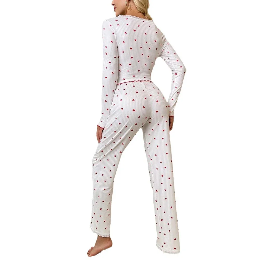 

Sophisticated Women Knitted Pajamas featuring Heart Print V Neck Loose Top and Long Pant Suitable for Fall Nights