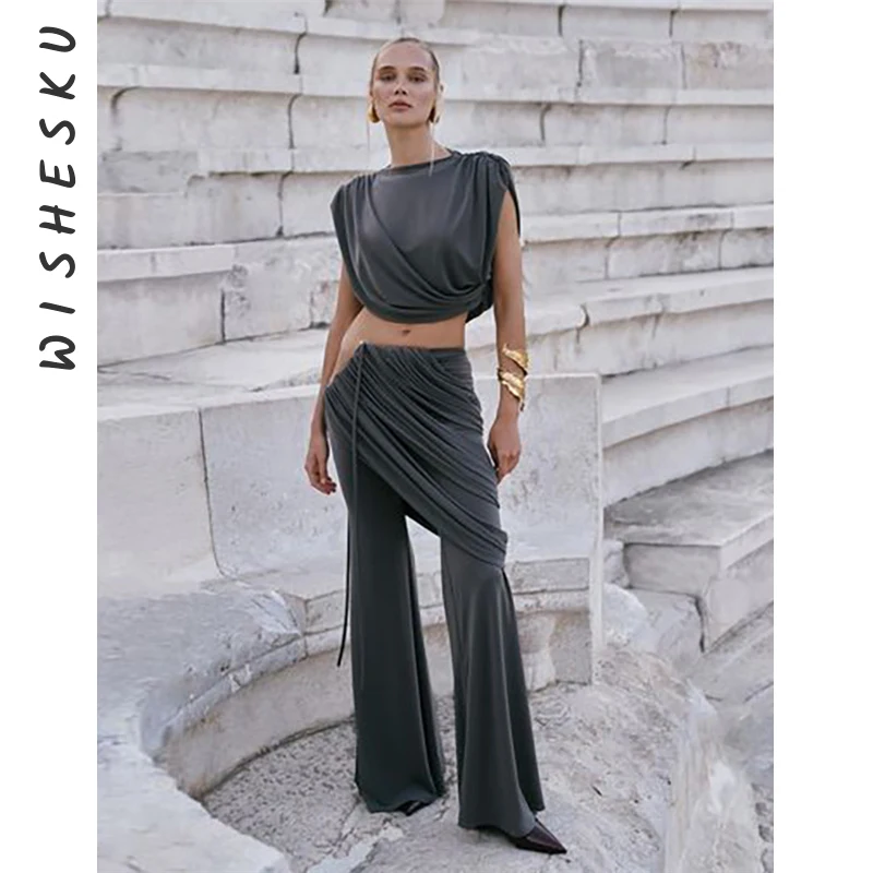 Elegant Ruched 2 Piece Set Summer Women Chic Irregular Tank Tops+Low Rise Skirt Pants Matching Casual Basic Classic Streetwear